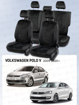 Чехлы VW Polo V 2009-2020 г. - Седан (деленная спинка), велюр черный (терморомб Kvadrat) "Статус"