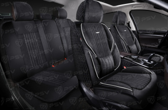 Накидки 5D PSV Integra Alcantara (Черный/Отстрочка Белая), комплект на весь салон, алькантара