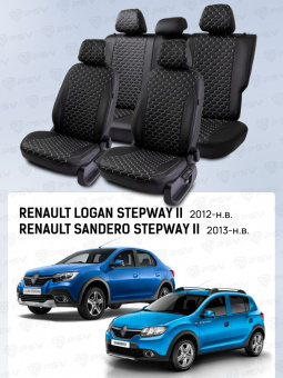 Чехлы Renault Logan/Sandero/Stepway 2012-> деленная спинка, черный/отстрочка белая (Loto) "Статус"