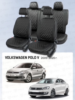 Чехлы VW Polo V 2009-2020 г. - Седан (деленная спинка), черный/отстрочка черная (Тройка) "Статус"