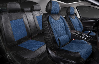 Накидки 5D PSV Galant Velvet Skin (Черно-Синий/Отстрочка Белая), комплект на весь салон, вельвет + мокрая кожа