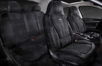 Накидки 5D PSV Vektor Alcantara Sport (Черный/Отстрочка Черная), комплект на весь салон, алькантара