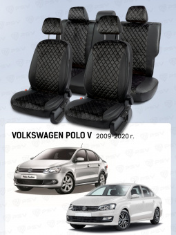 Чехлы VW Polo V 2009-2020 г. - Седан (деленная спинка), велюр черный (терморомб Romb) "Статус"