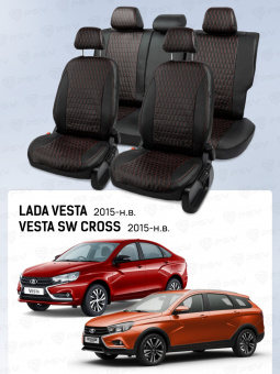 Чехлы Lada Vesta / Vesta SW Cross 2015-> черный/отстрочка красная (Sota) "Статус"