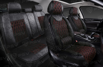 Накидки 5D PSV Galant Velvet Skin (Черный/Отстрочка Красная), комплект на весь салон, вельвет + мокрая кожа