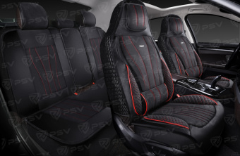 Накидки 5D PSV Vektor Alcantara Sport (Черный/Отстрочка Красная), комплект на весь салон, алькантара