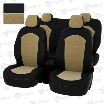 Чехлы Hyundai Solaris II/Kia Rio IV 2017-> Sd (Comfort/Prestige) РОМБ/отстрочка бежевая, черная экокожа + бежевый велюр "Оригинал"