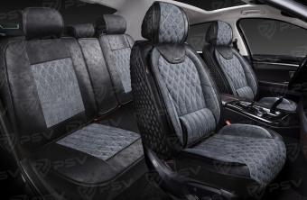 Накидки 5D PSV Galant Velvet Skin (Черно-Серый/Отстрочка Белая), комплект на весь салон, вельвет + мокрая кожа 