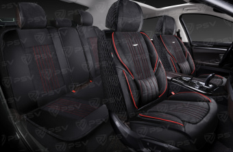 Накидки 5D PSV Integra Alcantara (Черный/Отстрочка Красная), комплект на весь салон, алькантара