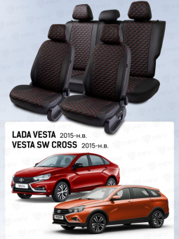 Чехлы Lada Vesta / Vesta SW Cross 2015-> черный/отстрочка красная (Loto) "Статус"