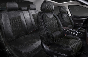 Накидки 5D PSV Galant Velvet Skin (Черный/Отстрочка Белая), комплект на весь салон, вельвет + мокрая кожа