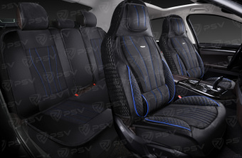 Накидки 5D PSV Vektor Alcantara Sport (Черный/Отстрочка Синяя), комплект на весь салон, алькантара