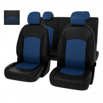 Чехлы Hyundai Solaris II/Kia Rio IV 2017->  Sd (Active) сплошная спинка, черно-синяя экокожа "Оригинал"