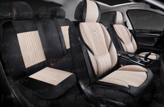 Накидки 5D PSV Integra Alcantara (Черно-Бежевый/Отстрочка Белая), комплект на весь салон, алькантара