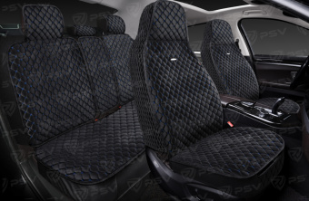 Накидки 5D PSV Velur Sport (Черный/Отстрочка Синяя), комплект на весь салон, велюр